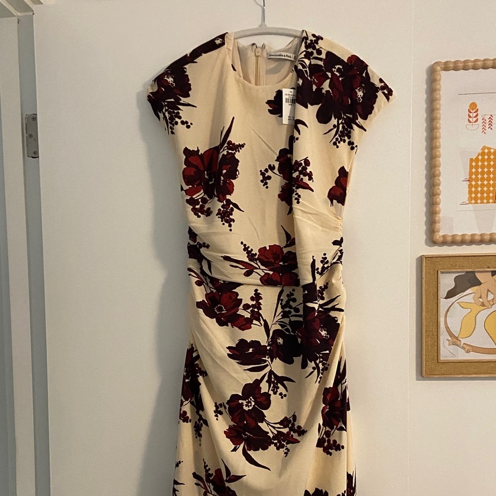 Women's Cream Floral Sheath Dress with Burgundy Print